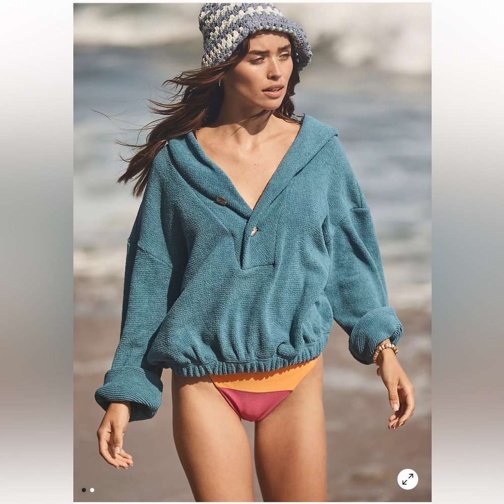 Free People x FP Beach Bino Pullover Button Crop Gathered Sweater XS Teal - Pic